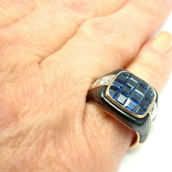 Piaget 18k Yellow Gold Diamond Invisible Set Sapphire Enamel Ring - Picture 9 of 9